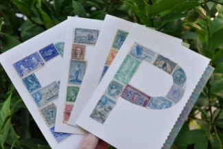 Initial cards made with vintage postage stamps