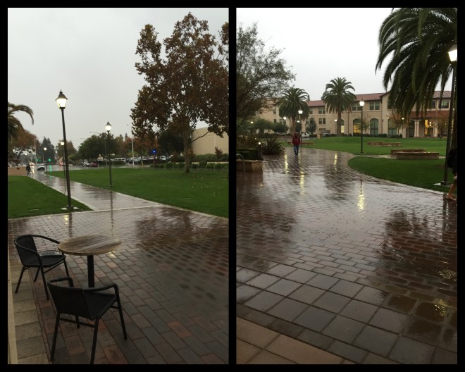 college campus in the rain